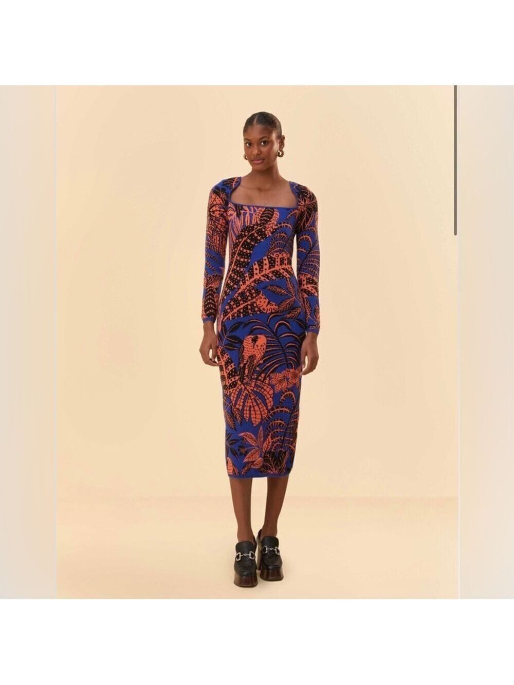 Farm Rio Blue Tropical Gold Long Sleeve Dress